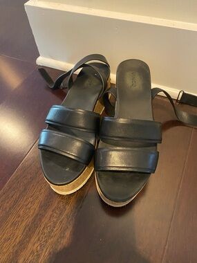 Vince Black Leather Platform Cork-Trim Sandals